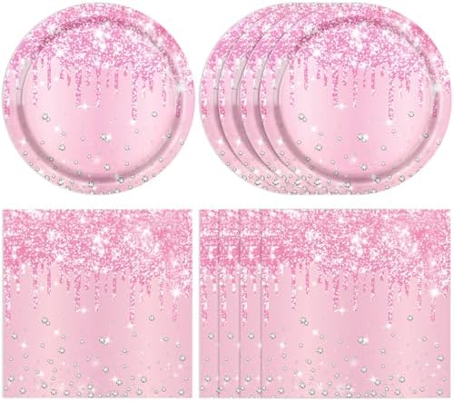 40 PCS Pink Birthday Decorations Light Pink Diamond Theme Birthday Disposable Tableware Paper Plates and Napkins for Wedding Baby Shower Serves 20 by Actoridae