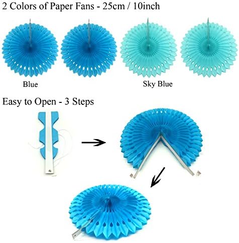 ZERODECO Party Decoration, 21 Pcs Blue Hanging Paper Fans, Pom Poms Flowers, Garlands String Polka Dot and Triangle Bunting Flags for Boy Birthday Parties, Bridal Showers, Baby Showers, Wedding - Image 3