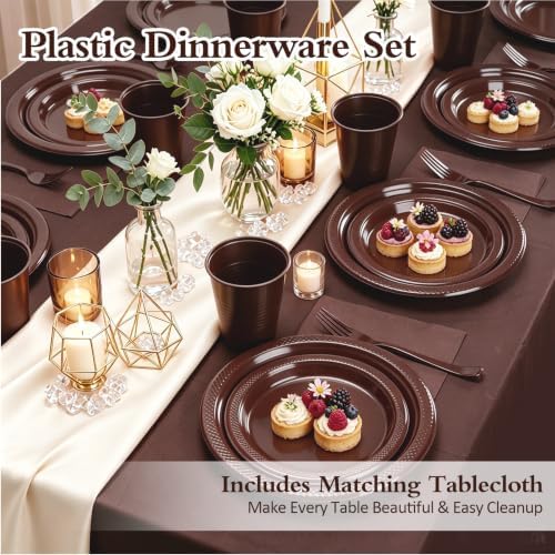 Brown Plastic Plates for Party,30 Guest Disposable Brown Party Supplies Including Dinner&Dessert Plate,12oz Cups,Cutlery,Napkins & Tablecloth Dinnerware Decorations for Birthday Wedding - Image 4