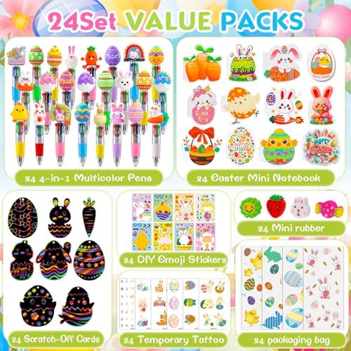 24 Pack Easter Party Favors Classroom Gifts Set with Classic Spring Designs, Easter Goodie Bags with Notebooks Pens Stickers Tattoos Scratch Art for Classroom Gifts Basket Stuffers - Image 2