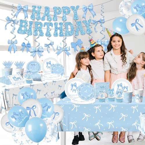 Blue Bow Birthday Party Supplies Serve 24,Coquette Birthday Decorations Blue Bow Party Plate,Napkin,Banner,Cup for Girls Women Bridal Engagement,Baby Shower Decorations - Image 2