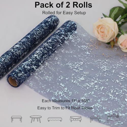 2 Pcs Navy Blue Silver Table Runner, Glitter Metallic Foil Mesh Roll 108" - Image 2