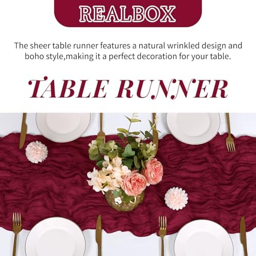 3 Pack Burgundy Cheesecloth Table Runner 17x108 Inch Semi Sheer Boho Gauze Cheese Cloth Fabric Table Runners Table Decor for Wedding Party Baby Shower Birthday Home Decor Garden Farmhouse - Image 4