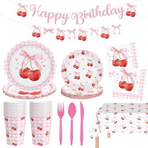 170 Pcs Cherry Birthday Decorations - Pink Bows Party Supplies Set, Happy Birthday Banner, Scalloped Paper Plates Napkins Cups, Plastic Tablecloth, Flatware for Coquette Cherry Bday Party Decoration by Litmitfu