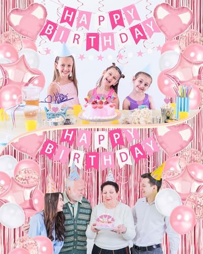 Pink Happy Birthday Party Decorations with Banner Balloons for Women Girls - Image 3