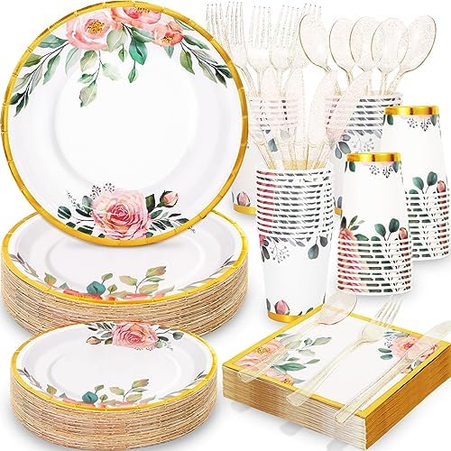 350PCS Floral Paper Plates Set, Disposable Plates With Gold Rim Serve 50 Guests, Party Supplies for Adults Garden Tea Party Bridal Shower Decorations by Gudvilla