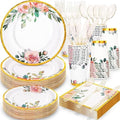350PCS Floral Paper Plates Set, Disposable Plates With Gold Rim Serve 50 Guests, Party Supplies for Adults Garden Tea Party Bridal Shower Decorations by Gudvilla
