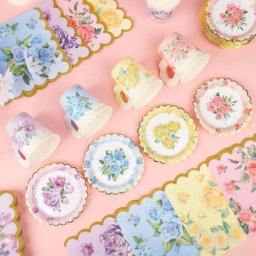 40 Set Floral Tea Cups and Saucers Disposable Tea Party Supplies Colorful Flower Teacups with Handle and Paper Napkins Dinnerware Set for Floral Theme Tea Party Birthday Wedding Bridal Shower Supply - Image 7