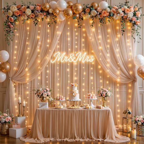 20x10FT Dark Champagne Wrinkle Free Backdrop Curtains with Lights String for Parties - Photo Curtain Backdrop with Lights for Wedding Decorations, Bridal Baby Shower Birthday Party Photography - Image 4
