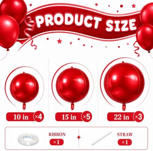 Togvu Red Round Foil Balloons, 12PCS Different Sizes 4D Metallic Balloon - Image 2