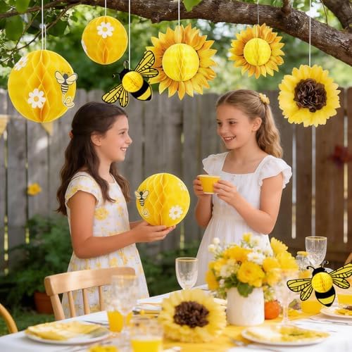 SUNBEAUTY Sunflower Party Decorations 3D Bee Honeycomb Hanging Decor Yellow Tissue Paper Flowers Birthday Yellow Sunflower Ceiling for Classroom Bulletin Board Wall Baby Shower Summer Garden Party - Image 6