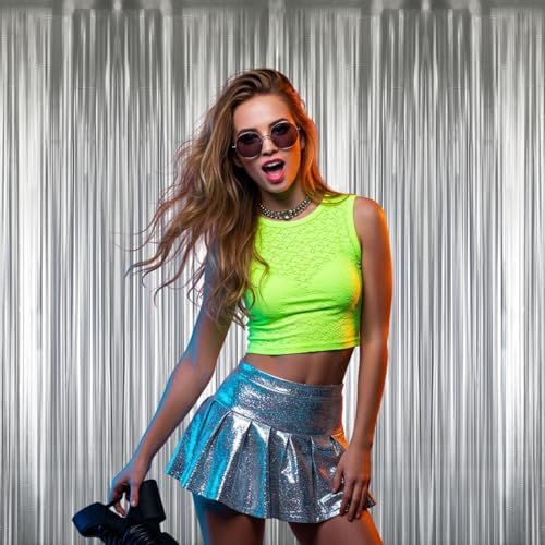 GOER 3.2 ft x 8.2 ft Metallic Tinsel Foil Fringe Curtains,Party Streamer Backdrop for Birthday,Graduation Decorations and New Year Eve (2 Pcs,Matte Silver,Thick Material) - Image 3