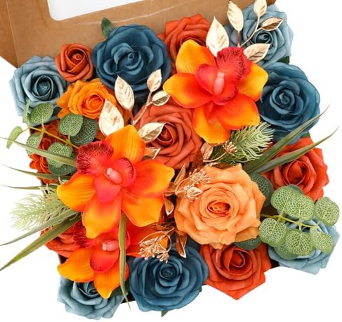 Floweroyal Artificial Flowers Combo Orange Flowers Mix Silk Flowers Fake Roses with Stems for DIY Wedding Bridal Bouquets, Baby Shower, Floral Arrangement, Table Centerpieces, Home Decorations by FloweroyalCrafts