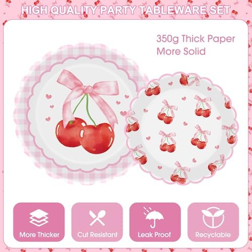 170 Pcs Cherry Birthday Decorations - Pink Bows Party Supplies Set, Happy Birthday Banner, Scalloped Paper Plates Napkins Cups, Plastic Tablecloth, Flatware for Coquette Cherry Bday Party Decoration - Image 5