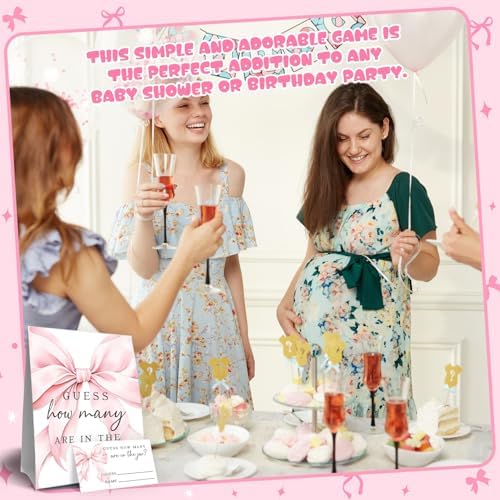 Pink Bow Baby Shower Decorations,Pink Watercolor Ribbon Minimalist Baby Shower Game,Guess How Many Bows are in the Jar,Birthday Party Game & Activities 50 Cards and Sign - Image 6