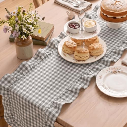 Artoid Mode Grey Farmhouse Plaid Gingham Ruffle Table Runner, Seasonal Scalloped Retro Kitchen Dining Table Decoration for Home Party Decor 13x72 Inch - Image 4