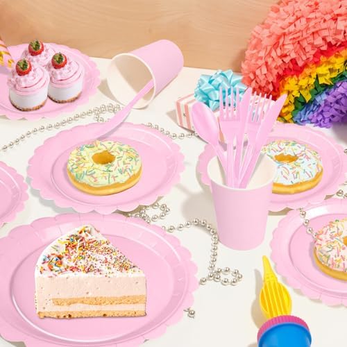 WNINK 175 PCS Light Pink Scalloped Plates and Napkins, Pink Disposable Plates Set with Napkins Cups Plastic Spoons Forks Knives for Birthday Baby Shower Gender Reveal Party Supplies Serve 25 Guests - Image 7