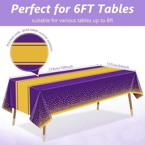 LANLISA Purple and Gold Tablecloth Graduation Decorations 2025 2 Pack, Disposable Plastic Table Cloths for Birthday Masquerade Retirement Party Decor - Image 3