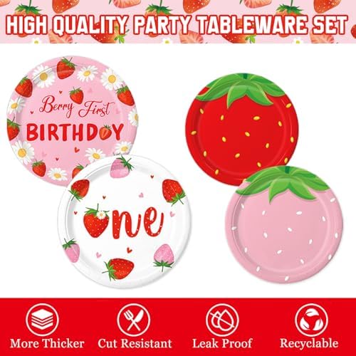 Berry First Birthday Decor Strawberry 1st Birthday Decorations for Plates, Napkins, Cups, Cutlery, Cupcake Toppers, Banner, Tablecloth, Balloons for Girls Strawberry Party Decorations, Serve 20 - Image 3