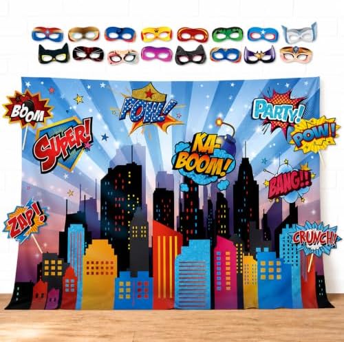 Wonder Woman and Other Superheroes Cityscape Photography Backdrop, Studio Props & Mask. Great as Super Hero City Photo Booth Background – Birthday Party & Event Decorations by GlitteryGarden