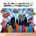 Wonder Woman and Other Superheroes Cityscape Photography Backdrop, Studio Props & Mask. Great as Super Hero City Photo Booth Background – Birthday Party & Event Decorations by GlitteryGarden