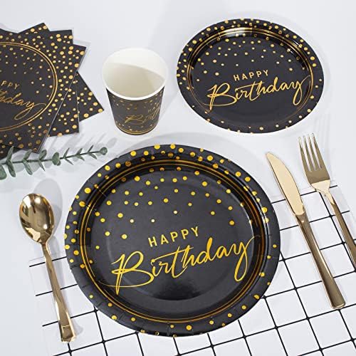 175PCS Happy Birthday Disposable Dinnerware Set Party Supplies, Paper Black Gold Plates and Napkins with Gold Plastic Forks Knives Spoons Serve 25 Guests for Birthday Party Decoration - Image 6