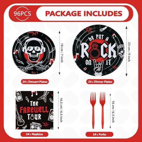 96Pcs Rock and Roll Party Decorations He Put A Rock On It Plates and Napkins Rock N Roll Tableware Sets for Boys Girls Bachelor Rockstar Guitar Music Theme Born to Rock Party Decorations Supplies - Image 5