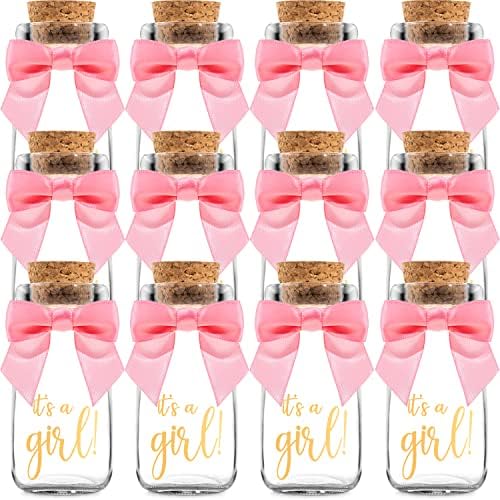 Ethisa Vintage 12 Pack It's a Girl Milk Glass Bottles with Ribbons and Stickers - Classy Baby Shower Favors for Guests and Table Centerpieces - Gender Reveal Girl Decorations - Baby Shower Candy Jar by Ethisa