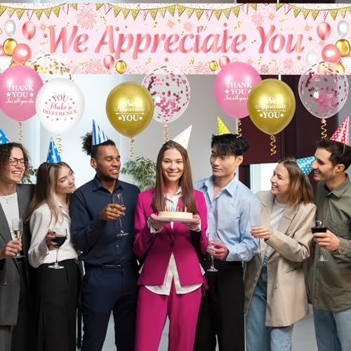 We Appreciate You Decorations Pink Gold Appreciate You Banner Yard Sign with 18 Pcs Balloons Thank You for All You Do Banner Employee Staff Appreciation Gifts Teacher Doctor Appreciation Party Decor - Image 3
