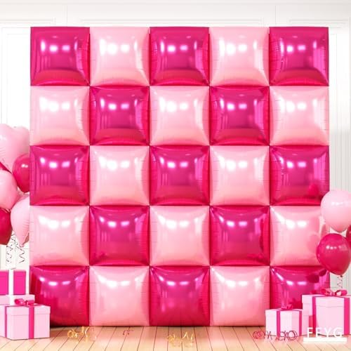 25PCS Hot Pink and Rose Square Foil Balloons Wall Backdrop by FEYG