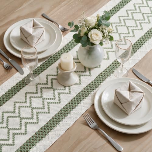 Artoid Mode Sage Green Stripe Diamond Woven Table Runner 12x90 Inch - Image 4