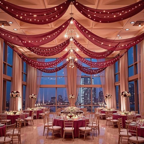 6 Panels Burgundy Ceiling Curtains with Lights for Weddings - 5ftx20ft Wrinkle-Free Tulle Fabric Wedding Arch Draping Ceiling Drapes Decorations for Wedding Party Ceremony Stage Tent Event - Image 5