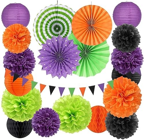 Black Purple Orange-Green Halloween Party-Decorations - 20pcs Paper Lanterns Fans,Tissue Pom Poms,Honeycomb Balls,Hotel Transylvania Hocus Pocus Birthday Baby Bridal Shower Wedding Decor Burgleda by Burgleda