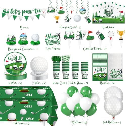 342pcs Golf Party Decorations, Golf Birthday Decorations Include Golf Plates and Napkins Set, Banner Hanging Swirls Tablecloth Cupcake Topper Balloon, for Golf Birthday Party Decorations, Serves 50 - Image 2