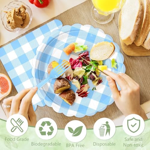 100 Light Blue Gingham Paper Plates and Napkins Disposable Set for Party - Image 4