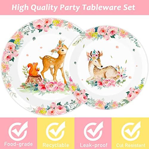 Tevxj 96PCS Woodland Baby Shower Tableware Set Girls Pink Safari Dinnerware Disposable Plates Woodland Party Plates Napkins Forks for Forest Animal Deer Flower Party Decorations Supplies 24 guests - Image 4
