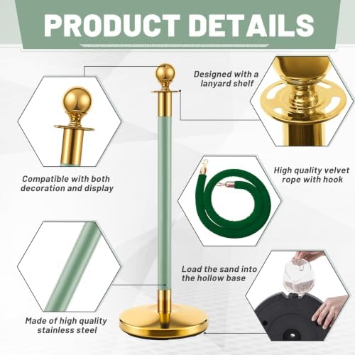 Ferraycle 2 Pcs Stainless Steel Stanchions Post Queue 38 Inch, 5 ft Velvet Carpet Ropes and Pole, Control Barriers for Wedding Birthday Party Decoration Sand Injection Hollow Base Set (Green,Gold) - Image 4