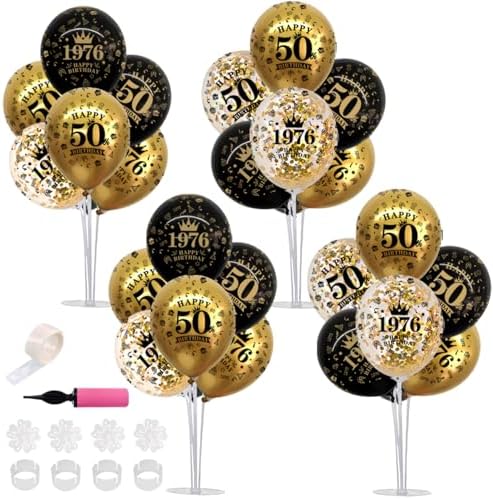 TONIFUL 4 Set 50th Birthday Decor Printed 1976 Black Gold Balloon Stand by TONIFUL
