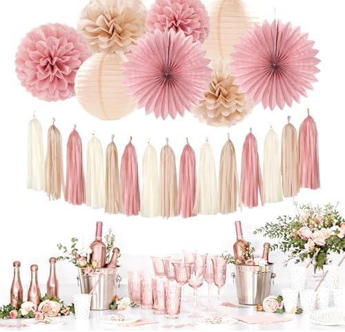 Blush-Pink Rose-Gold Bridal-Shower Fall Party-Decorations - 31pcs Bride to Be Sign Banner,Bachelorette Paper Lanterns,Wedding Streamers Garland,Boho Peach Tissue Pom Poms Fans Decor Supplies Burgleda - Image 5