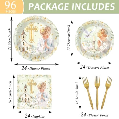 96Pcs First Communion Plates and Napkins for Baptism God Bless Party Supplies Green Mi Primera Comunion Paper Dessert Plates Tableware Set for Boy 24 Guests Baby Birthday Christening Party Decorations - Image 2