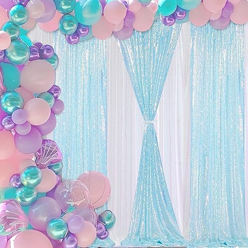 Sequin Backdrop Curtains 4 Pieces 2ftx8ft Mermaid Blue Sparkly Background Fabric for Under The Sea Little Mermaid Birthday Party - Image 2
