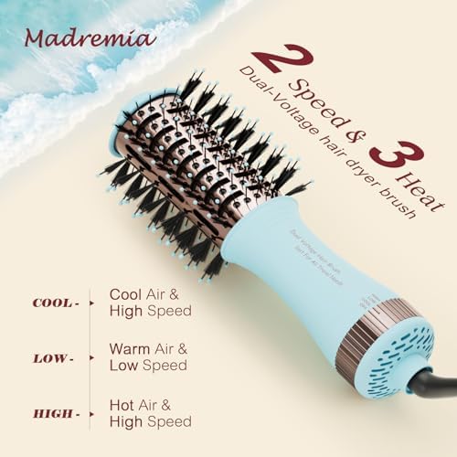 Travel Dual Voltage Hair Dryer Brush 4-in-1 Portable Mini Hot Air Blow Dryer Straightener & Curler Brush, Titanium Round Blowout Styler Volumizer Tools, 110/240V US/EU/UK -Baby Blue & Rose Gold - Image 3