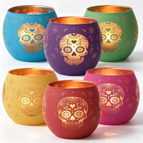 Day of Dead Skull Glass Votive Candle Holders for Indoor Halloween Decor by SHMILMH