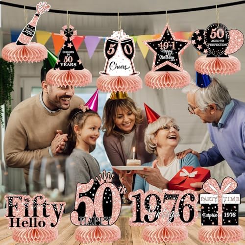 9Pcs 50th Birthday Decorations Honeycomb Centerpieces for Women, Rose Gold Pink Happy 50th Birthday Centerpieces Tables Toppers Party Decorations Supplies, Vintage 1976 Aged Table Sign Decor - Image 6