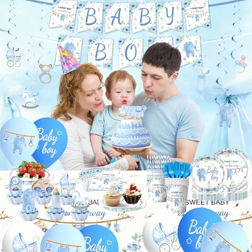 220 Pcs Blue Baby Shower Decorations 25 Guest All-in-One Party Supplies Kit with Disposable Tableware, Balloons, Hanging Swirl, Banner, Cake Toppper, Tablecloth for Baby Shower Decor - Image 5
