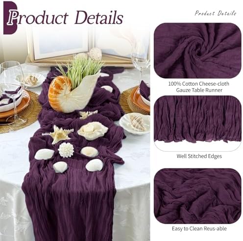 6 Pack Dark Purple Cheesecloth Table Runner 17x108 Inch Semi Sheer Boho Gauze Cheese Cloth Fabric Table Runners Table Decor for Wedding Party Baby Shower Birthday Home Decor Garden Farmhouse - Image 5