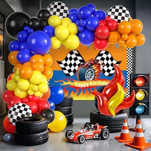 131 Wheels Race Car Birthday Party Decorations Supplies, Racing Red Blue Yellow Black Balloons Garland Arch Kit Backdrop Tablecloth Checkered Foil Balloons, Boy Kid Girl Cars Party Decor - Image 6