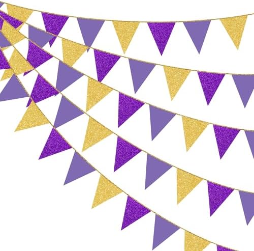 30Ft Purple Gold Party Decoration Pennant Banner Flag Hanging Glitter Paper Triangle Bunting for Birthday Bridal Shower Wedding Shower Bachelorette Engagement Lavender Lilac Violet Party Supplies by pinkblume
