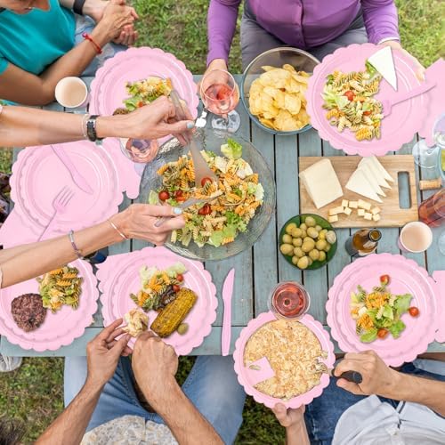 WNINK 175 PCS Light Pink Scalloped Plates and Napkins, Pink Disposable Plates Set with Napkins Cups Plastic Spoons Forks Knives for Birthday Baby Shower Gender Reveal Party Supplies Serve 25 Guests - Image 6