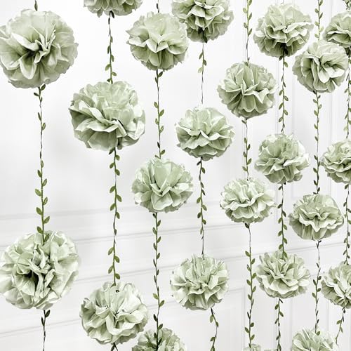 Sage Green Tissue Paper Flowers Pom Pom with Leaf Ribbon Dusty Green Hanging Garland Streamer for Birthday Wedding Shower Engagement Woodland Safari Jungle Neutral Party Decorations Supplies - Image 4